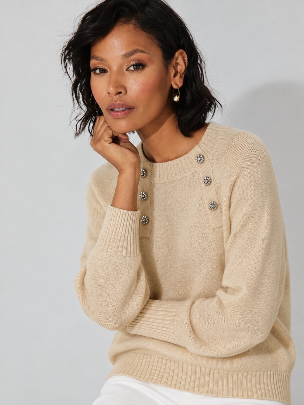J. Crew Beige Crewneck Sweater with Decorative Buttons
